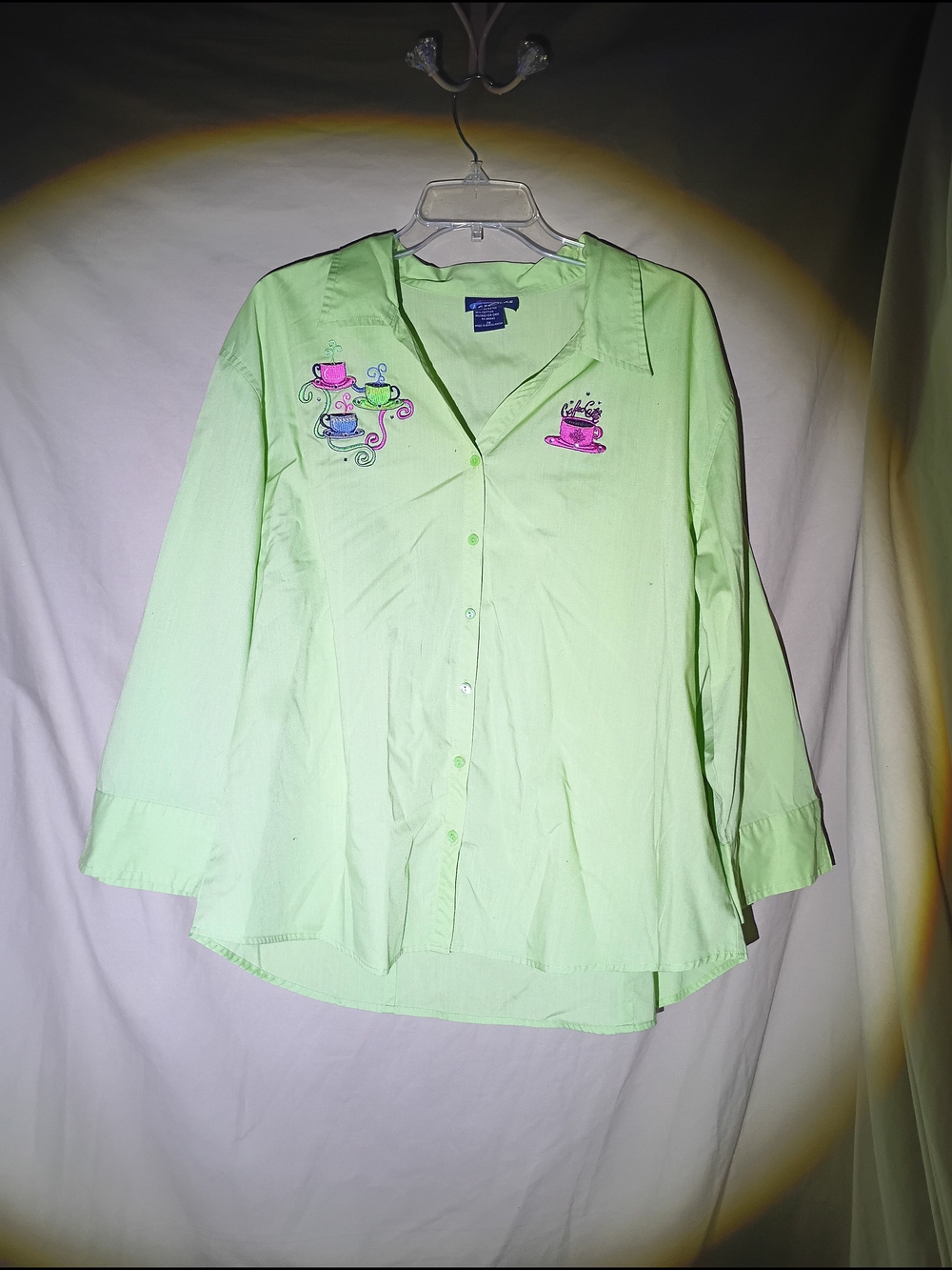 Vintage Las Olas Lime Green Embroidered Coffee Shop Button Down Shirt